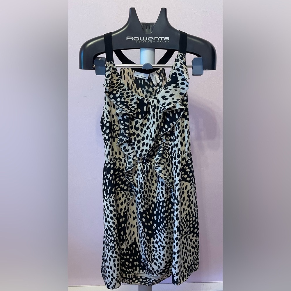 DKNY Monochrome Spotted Ruffle Dress Size Large NEW